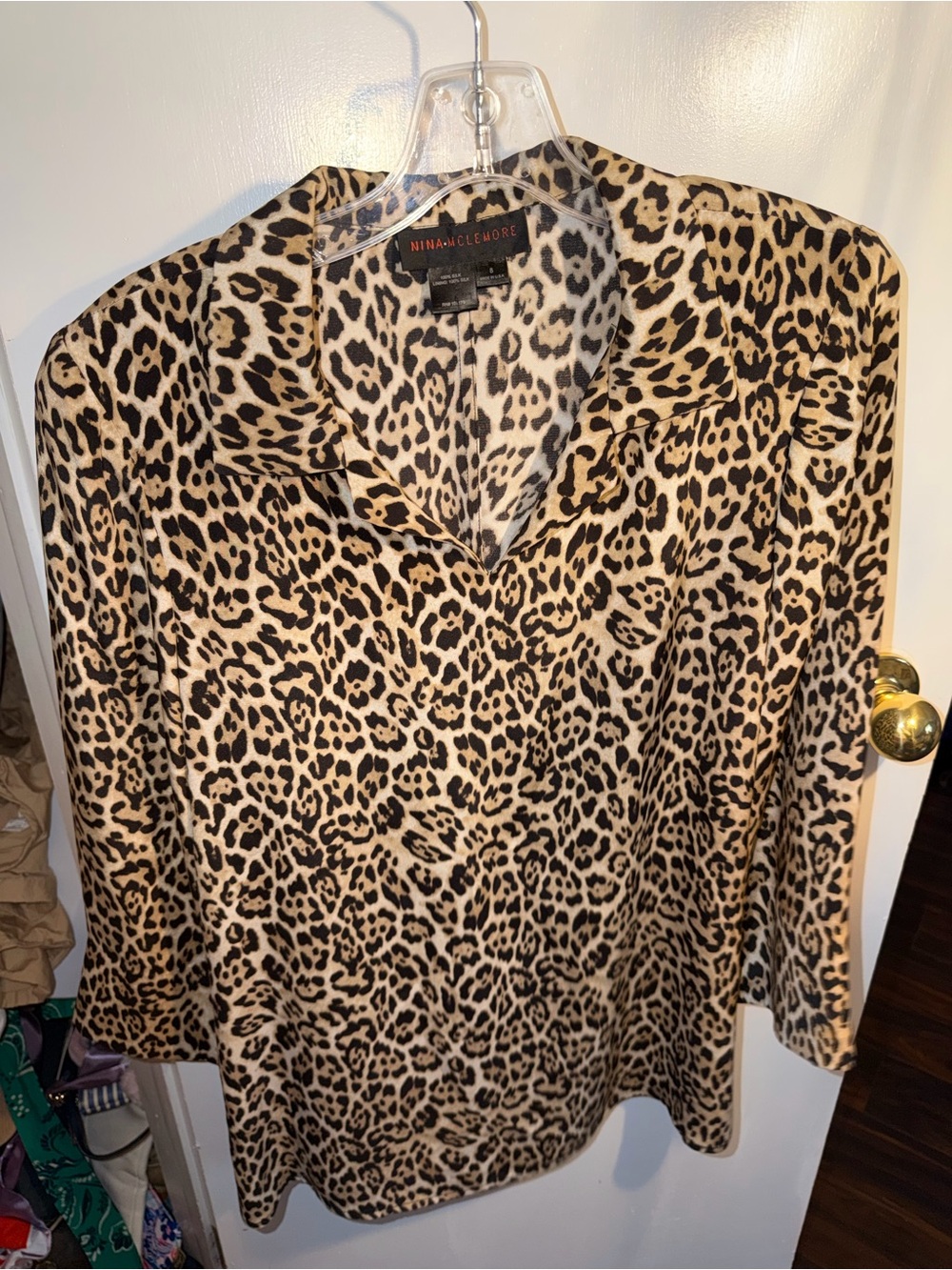 Nina McLemore 100% Silk Leopard Print Blouse Made in USA Size 8